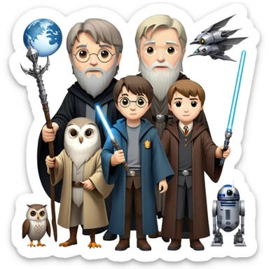 Icon for Fantasy and Sci-Fi Movies: Collage featuring Harry Potter with his wand, Dumbledore. Luke Skywalker with a lightsaber and futuristic robots. Background with a magical planet, Hogwarts, flying owls and spaceships. Epic and magical atmosphere. Transparent background. sticker
