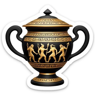 Cinematic-realistic Grecian urn, an exquisite black-figure pottery masterpiece resting in the dim glow of an ancient temple. Intricate golden depictions of two warrior fighting with spears and warriors encircle its curved form, telling timeless myths of heroism and tragedy.  sticker