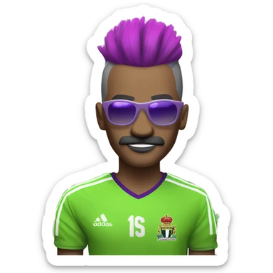  soccer player with a vibrant, multicolored mohawk hairstyle. The player  has neon green sunglasses and a thick, purple mustache. The jersey should be red with an Adidas logo and a team crest on the chest. Include tattoos on the player’s arms  sticker