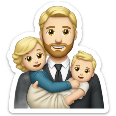 sharp dressed white man with blonde hair and a beard holding a newborn baby boy sticker