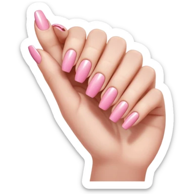  pink close-up of a hand with beautifully manicured nails, glossy pink nail polish, elegant nail shape, soft lighting and shadows, realistic style, sticker