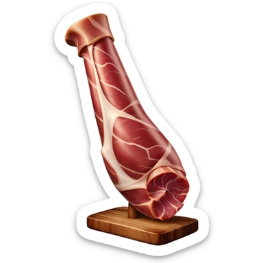 ​Cinematic Realistic Spanish Jamón Leg, depicted as a massive, cured leg of Jamón serrano with a deep reddish-brown hue, intricately marbled and slightly glossy with age, elegantly displayed on a rustic wooden stand and bathed in warm, soft lighting that accentuates its artisanal heritage, sticker