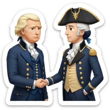 “Donald Trump and George Washington facing each other. Trump in a modern suit, visibly shocked. George Washington in colonial uniform, calm and silent. Realistic style, cinematic lighting.” sticker