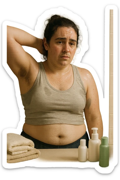 Donna tra i 25 e i 35 anni in un bagno o camerino, con espressione affaticata e leggermente imbarazzata, mentre si osserva allo specchio. È visibile una sudorazione abbondante sulla fronte e sotto le ascelle, e si notano peli più marcati su viso (mento o baffetti), addome e braccia. Indossa abiti leggeri o sportivi, e ha accanto a sé asciugamani e prodotti per la cura della pelle. Atmosfera realistica ma intima, con luce naturale e toni neutri. L'immagine trasmette consapevolezza, frustrazione e il desiderio di trovare soluzioni. Stile realistico, tono empatico e umano sticker