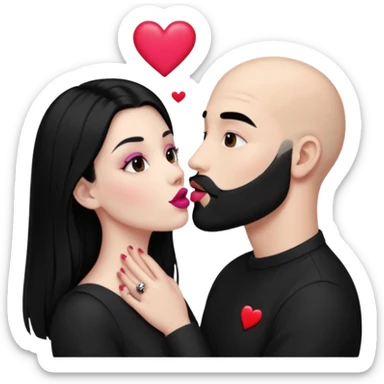 👩🏻‍❤️‍💋‍👨🏻 this one but the man should be bald. white woman with long black hair and white bald young man whoitiut hair and a heart between their heads. she has pink lips and both have brown eyes. he has e full beard but short. both wear black  sticker