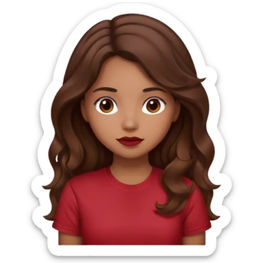 Light brown girl with long wavy brunette hair and blush, wearing dark red tshirt sticker
