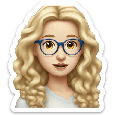 young woman with pale skin, blushed cheeks, big blue eyes, brown round glasses, thin lips, long wild blond wavy hair sticker