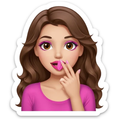 girl with long wavy brown hair, brown eyes, long lashes makeup, sexy pink lips, light to medium complexion, wearing a pink sexy top, sexy, giggling hand covering mouth sticker