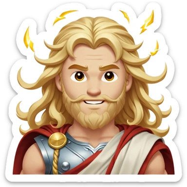 Cinematic Realistic Thor Portrait, head tilted dramatically with an exaggeratedly amused expression, featuring lively, twinkling eyes and a subtle, roguish grin. His fair, radiant skin and long, wavy golden hair, rendered with classical precision, complement his draped white toga adorned with delicate golden details and mythic lightning hints, all brought to life with dynamic lighting that captures both his divine power and playful, approachable charm. sticker