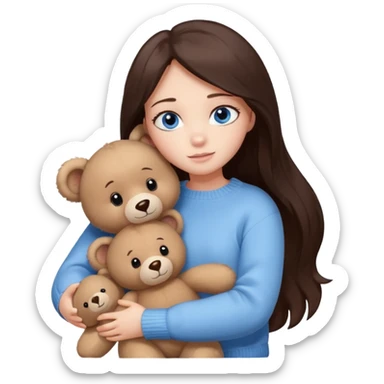 a girl with long dark brown hair, with blue eyes, in a
white sweater, hugs 3 different natural coloured sticker