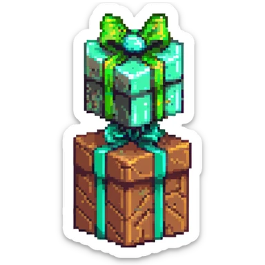 3D pixel-art cube gift box with earth-brown clay-veined sides and neon-green grassy top, floating against violet background, shiny emerald ribbon with bow shaped like two viewing scopes, dramatic lighting highlighting blocky geometry, mystery and excitement sticker