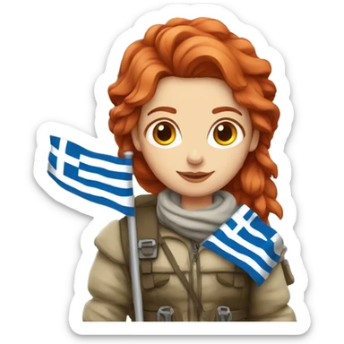 female winter mountaineer red hair holding greek flag sticker