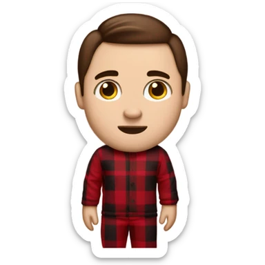Man with straight brown hair and brown eyes wearing red and black buffalo plaid pjs. White skin. Full body. sticker