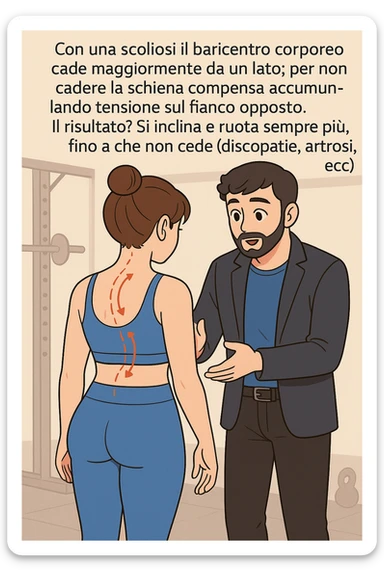 fai questa immagine in versione manga/webtoon a colori con stile di disegno carino e moderno, il manga mostra la donna di spalle, mentre l'uomo le tocca la spina dorsale per spiegarle come funziona la scoliosi:
Con una scoliosi il baricentro corporeo cade maggiormente da un lato; per non cadere la schiena compensa accumulando tensione sul fianco opposto.
Il risultato? Si inclina e ruota sempre più, fino a che non cede (discopatie, artrosi, ecc) sticker