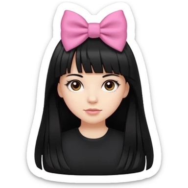 garota branca com cabelo longo, preto e franja reta, olhos castanhos, top preto e laço rosa no cabelo  sticker