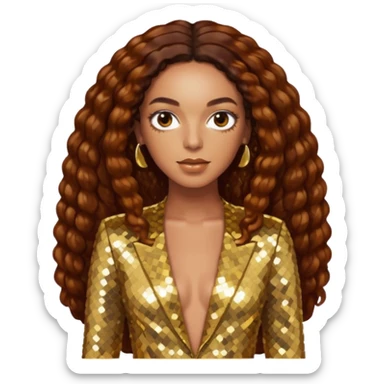 Solange with long dark auburn hair, gold sequin outfit sticker