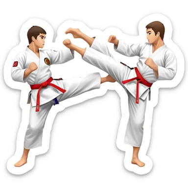 Two karate fighters in traditional gi sparring. One executes a high kick aimed at the opponent’s head, while the other blocks with a strong hand defense. The background features a classic dojo with wooden flooring and banners. Dynamic motion and focused expressions. Transparent background. sticker