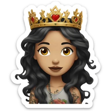 beautiful girl, with tattoos, wears a crown with long black hair, wavy hair, chinese sticker