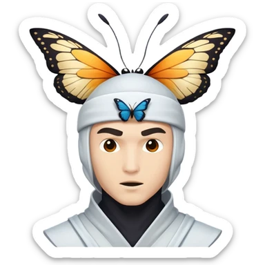 Crea una imagen con estos dos emoji 🥷🏻🦋
él ninja blanco con la mariposa posada en cabeza como si estuviera volando.

 sticker