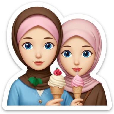 Turkish beautiful finish Konya two girls blue eyes with beige hijab islamic dress and had on her hand Rose ice cream sticker