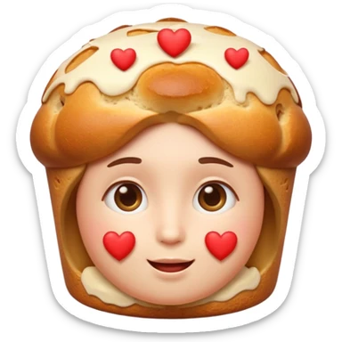 Apple-style emoji illustration of a cute face with dreamy eyes hugging a traditional panettone, small hearts floating around, soft 3D emoji style, smooth gradients, rounded shapes, warm festive colors, simple expression, centered composition, transparent background, no text. sticker