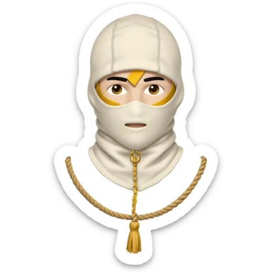 Deconstructed off-white balaclava with frayed layers, rope tassels, subtle embroidery. Studio photo, white bg, soft light. Streetwear luxury style.
 sticker