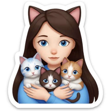 a girl with long dark 
brown hair, with blue eyes, hugs 3 different natural coloured cats sticker