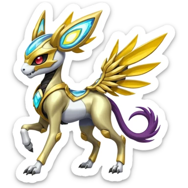 Colorful Skeletal masked armored Futuristic Meloetta-Manectric-Solgaleo-Raikou-Pokémon-Digimon-Fakémon-fusion-hybrid-creature, full body sticker