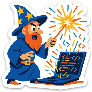 cartoon wizard coder casting a spell on a computer with sparks and code flying, vibrant toon style, cartoonish, colorful, dynamic sticker
