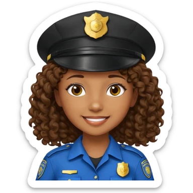 a cartoon-style avatar of a girl police officer with curly brown hair, wearing a black cap sticker