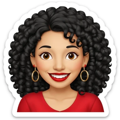 40 yr old peruvian woman, very curly long black hair, red lipstick, big smile, white teeth, brown eyes, hoop earings, side part to hair sticker