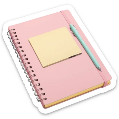 pastel aesthetic notebook, pink cover, slightly open with visible notes inside, beige and yellow paper, soft grain texture, pinterest illustration, no background sticker