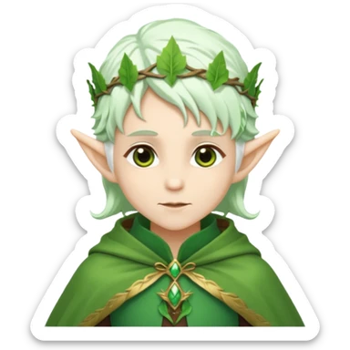 Forest Elf – elegant green-skinned elf with leaf crown and cloak, white hair sticker