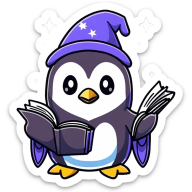 Cute penguin wizard with a flowing starry robe and magical spellbook sticker