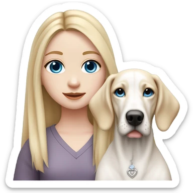 pale skin girl with blue eyes with long blonde hair that has a flower in her hair  holding a English pointer mixed with a lab dog breed the dog also has a flower in its hair sticker