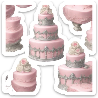 Vintage, highly detailed, rococo, Victorian, Birthday cake, light pink, silver sticker