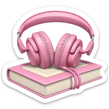  pink pair of modern headphones resting on top of a closed book, soft shadows, realistic style, calm and cozy mood, isolated on transparent background sticker