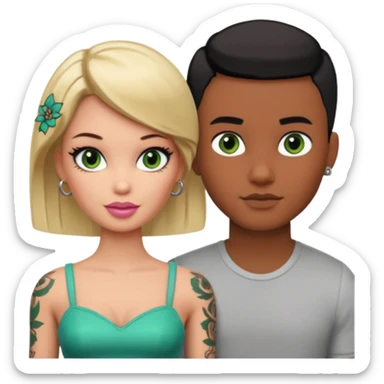 Brown skin blonde hair brown eyed barbie with her pale boyfriend with black short hair and green eyes with tattoos sticker