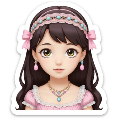 Gorgeous spectacular epic realistic mature anime-styled smooth soft shiny romantic pastel anime style lady with blushing cheeks, with a lace-maiden-headband, long beautiful luscious stylish hair, big pretty eyes, dark-brown hair, colorful pastel Lolita dress, necklaces, jewels sticker