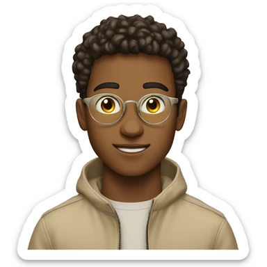 20 year old young man in beige jacket with circular lenses sticker