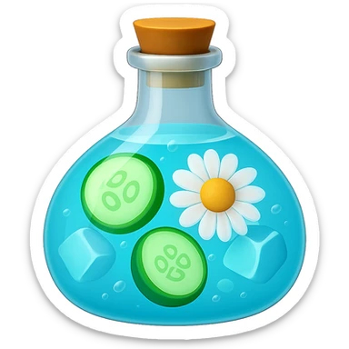 Edit the bottle in the same shape as the reference image. The liquid inside should be color #6fdef1. Inside the bottle, include cucumber slices, more ice cubes than before, and a chamomile flower. The style should resemble apple emoji style with concise and clean details. sticker