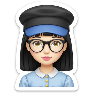 A yellow-skinned girl with long straight black hair, flat bangs, black frame glasses, a white puffy sleeve doll shirt, blue jeans and pink shoes, and a black painter's hat. sticker