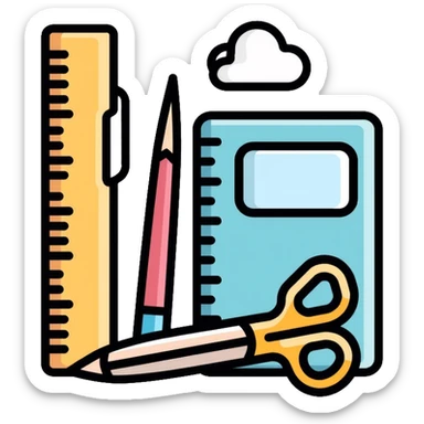 School office supplies with pencil, pen, notebook, ruler, scissors sticker