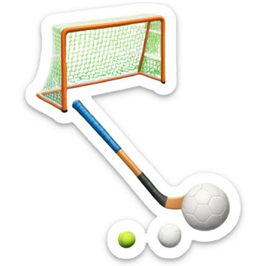 A field hockey stick and ball resting on a well-maintained green grass field, with the goalposts and markings visible in the background. The scene highlights the precision and focus of the grass facture, with the vibrant green pitch creating a dynamic atmosphere. sticker