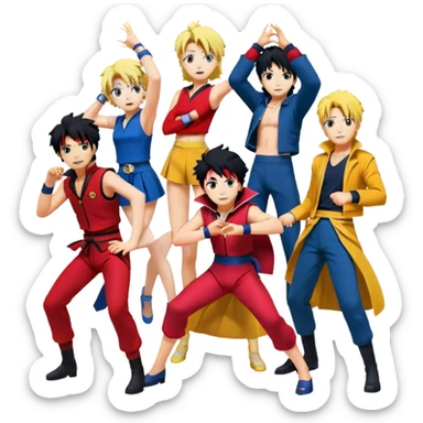 Icon for Anime Collage: Characters from Cowboy Bebop, Naruto, Bishoujo Senshi Sailor Moon and Kimetsu no Yaiba, each in their iconic poses and vibrant outfits, blended together with dynamic backgrounds. Transparent background. sticker