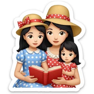 A black hair mother in a ribboned hat wearing polka dot dress reading a storybook to her child. sticker
