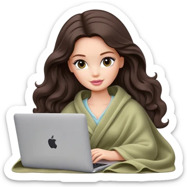 Barbie girl with a long wavy dark brown hair inside a pale olive blanket working macbook  sticker