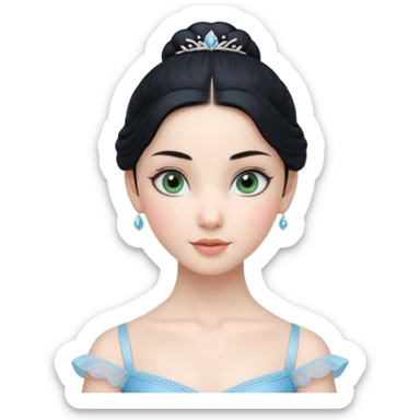 Cinematic Realistic ballerina Medium Blue Portrait, depicted with lifelike skin texture, subtle rosy undertones, and soft natural lighting that enhances the gentle contours of her face. Her intricately detailed sweet black hair is elegantly styled, green eyes sticker