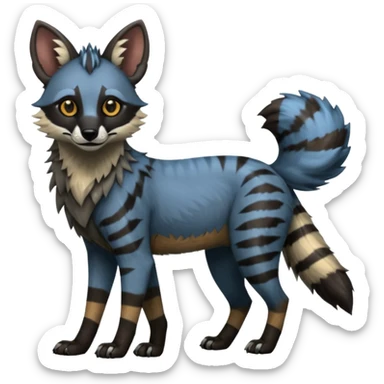 Realistic edgy bluish greyish blackish whitish silvery coppery Shiny Colorful Dusky Dark Gloomy Glossy Aardwolf-Maned-Wolf-Genet-Lion-Bobcat-fusion-animal-hybrid-creature, full body, tufted ears, long thin tufted tail sticker