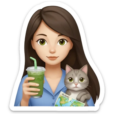 a brunette woman with long hair in here 30S drinking an iced matcha, carrying a grey cat and a map of the world sticker